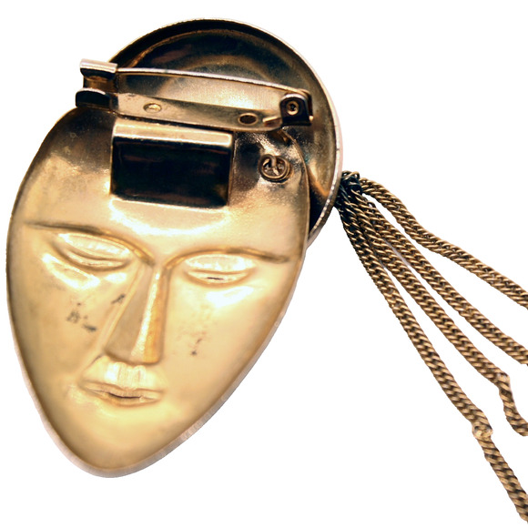 Vintage Face Pin Statement Brooch w Beret Long Fringe Gold Metal 2.5" - Hey Viv - Picture 3 of 6